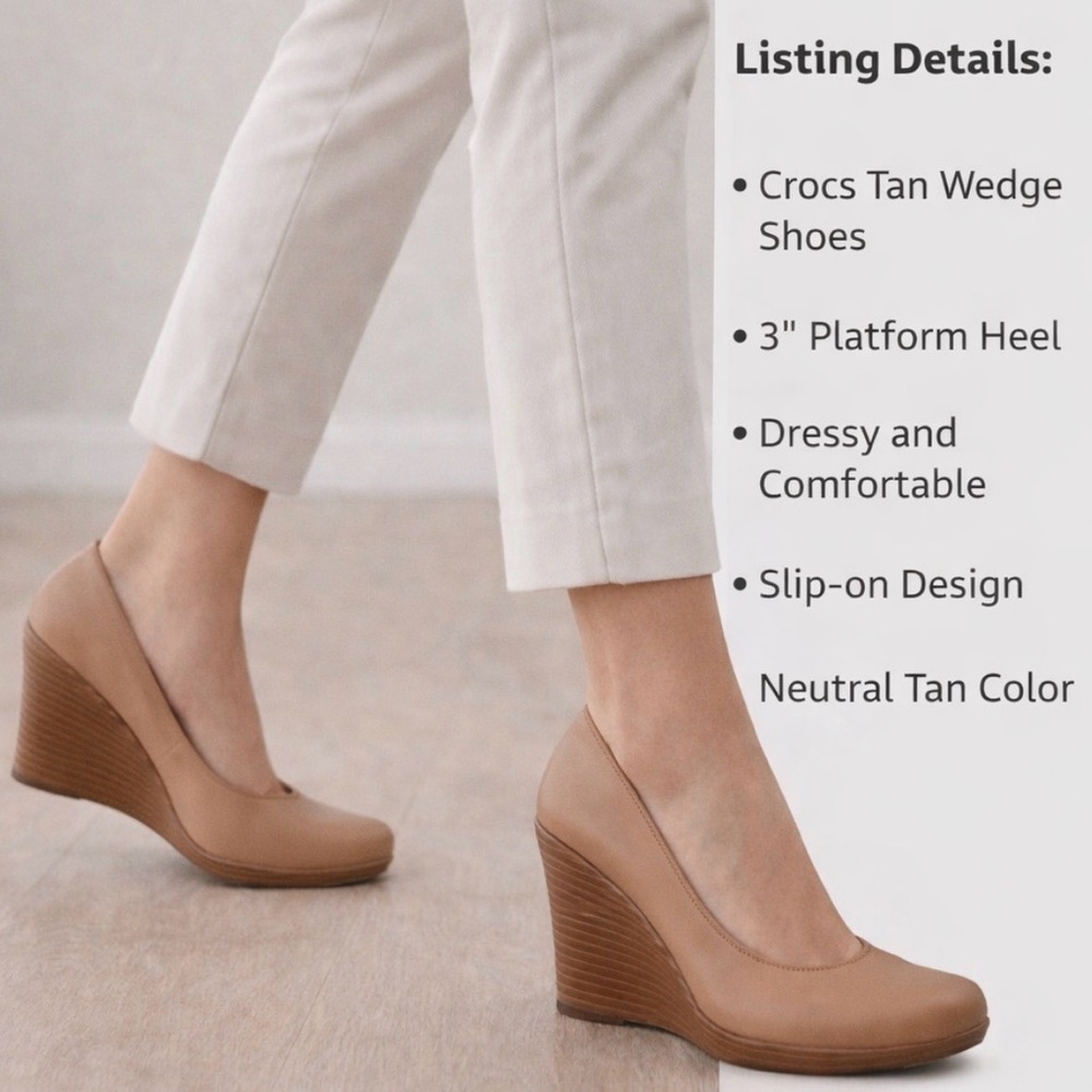 Crocs Tan Brown Wedge Dress Shoes Slip On Comfort Platform 3” Heel Women Size 8